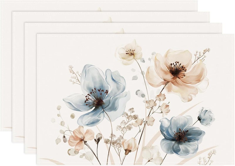Bonhause Watercolor Floral Placemats Set of 4 12x18 Inch Blue Brown Flower Leaves Kitchen Dinning Table Mats Washable Place Mats for Indoor Outdoor Home Party Decor - Image 1