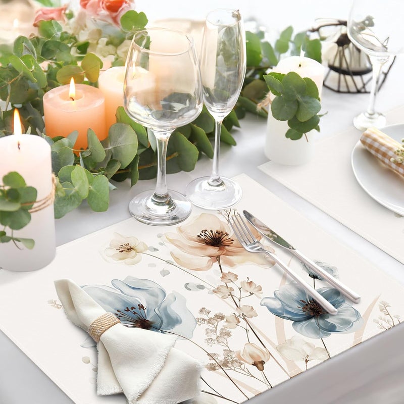Bonhause Watercolor Floral Placemats Set of 4 12x18 Inch Blue Brown Flower Leaves Kitchen Dinning Table Mats Washable Place Mats for Indoor Outdoor Home Party Decor - Image 3