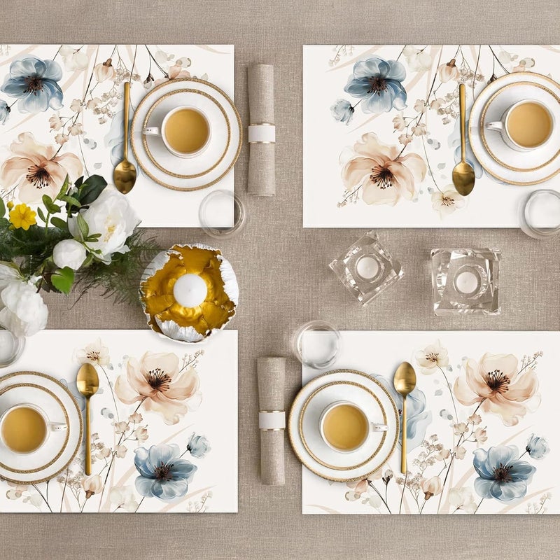 Bonhause Watercolor Floral Placemats Set of 4 12x18 Inch Blue Brown Flower Leaves Kitchen Dinning Table Mats Washable Place Mats for Indoor Outdoor Home Party Decor - Image 4