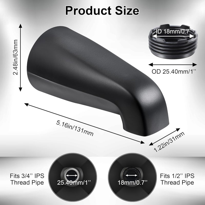 Dreyoo Universal Bath Tub Spout with Adapter, 5" Bathroom Bathtub Faucet Spout Without Diverter, Fits for 1/2'', 3/4'' IPS Inside Thread Connection and Tub/Shower Faucet Brands(Matte Black) - Image 5