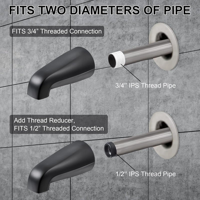 Dreyoo Universal Bath Tub Spout with Adapter, 5" Bathroom Bathtub Faucet Spout Without Diverter, Fits for 1/2'', 3/4'' IPS Inside Thread Connection and Tub/Shower Faucet Brands(Matte Black) - Image 2