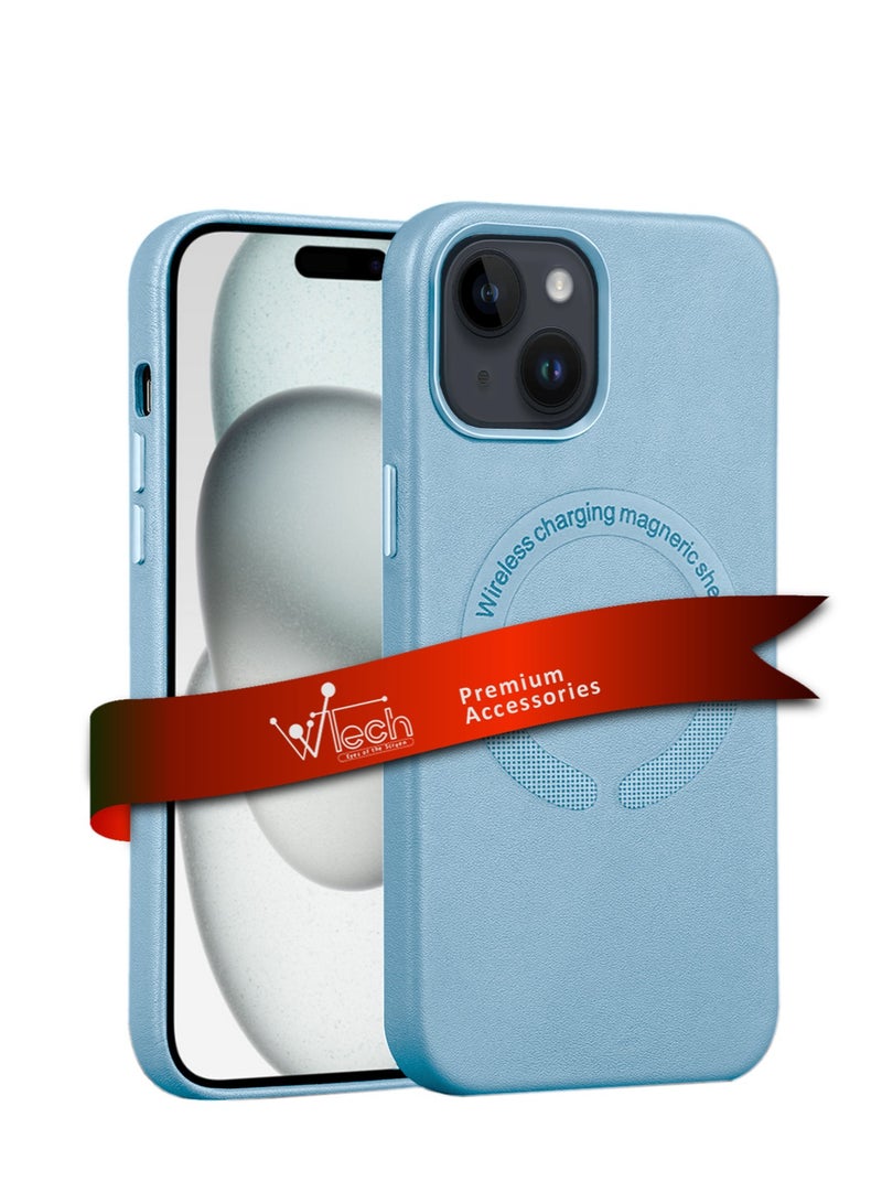 Wtech Leather Magnetic Wireless Charging Case Original MagSafe Shockproof Case Cover For Apple iPhone 15 Plus 2023 Luxury Sky Blue - Image 1