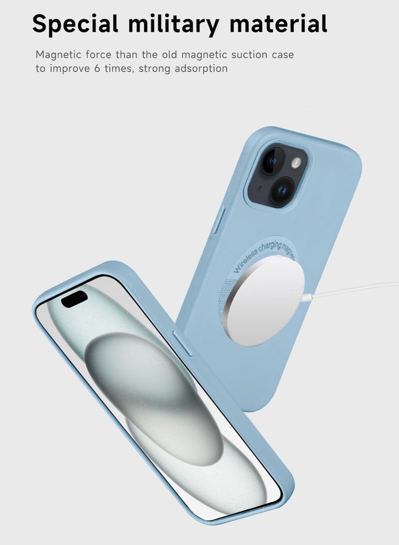 Wtech Leather Magnetic Wireless Charging Case Original MagSafe Shockproof Case Cover For Apple iPhone 15 Plus 2023 Luxury Sky Blue - Image 3