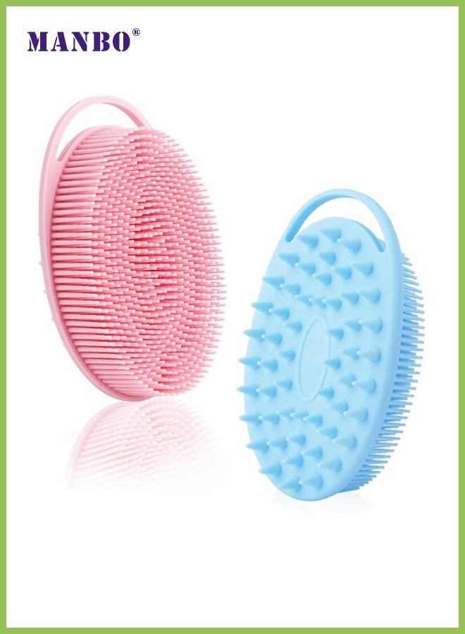 MANBO Upgraded 2-in-1 shower and shampoo brush (two-pack): silicone exfoliating shower brush, high-quality silicone loofah, head cleaning brush, scalp massager, easy to clean (blue + pink). - Image 1