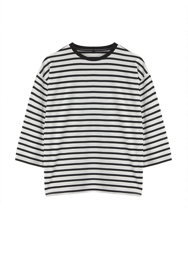 trendyol Striped Relaxed/Comfortable Fit Three Quarter Sleeve Knitted T-shirt - Image 5