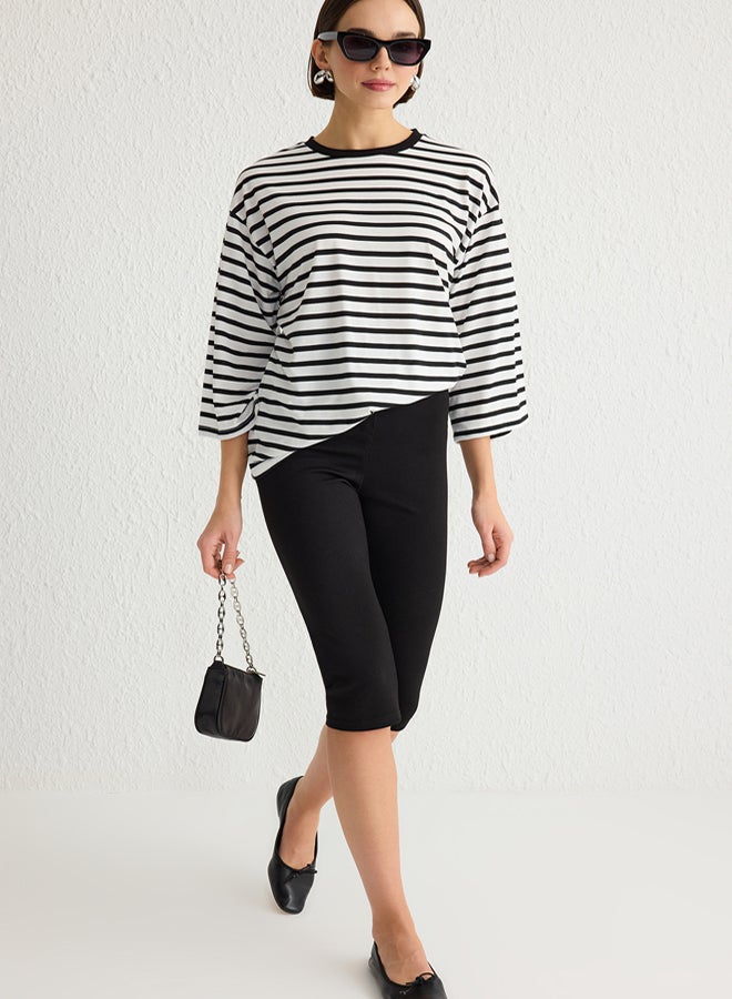 trendyol Striped Relaxed/Comfortable Fit Three Quarter Sleeve Knitted T-shirt - Image 2