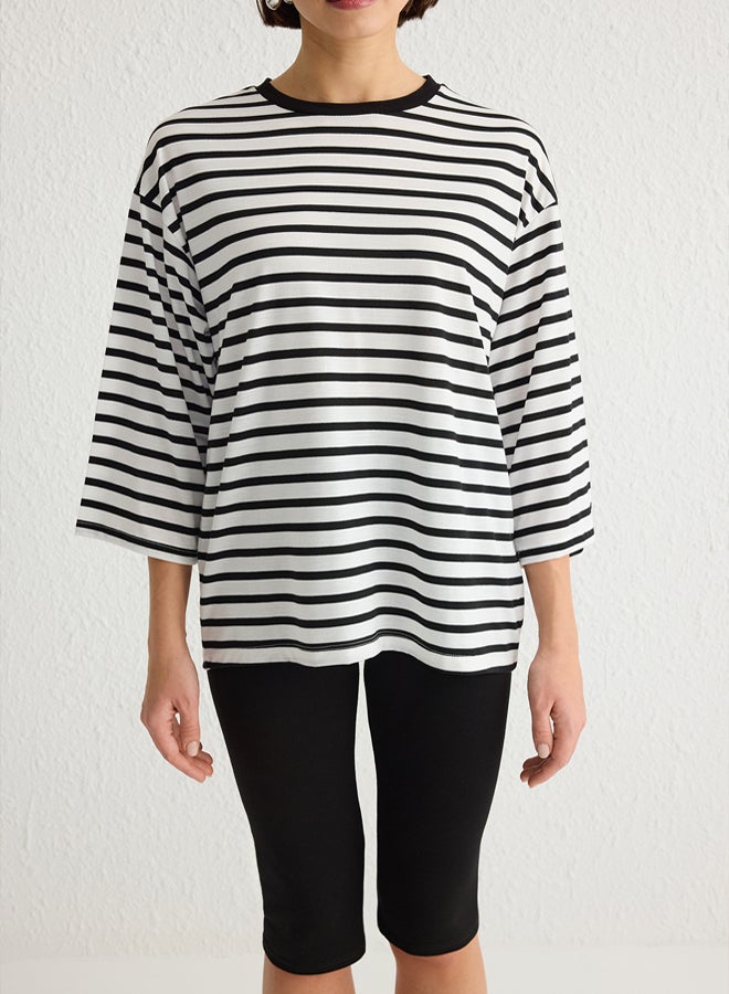 trendyol Striped Relaxed/Comfortable Fit Three Quarter Sleeve Knitted T-shirt - Image 3