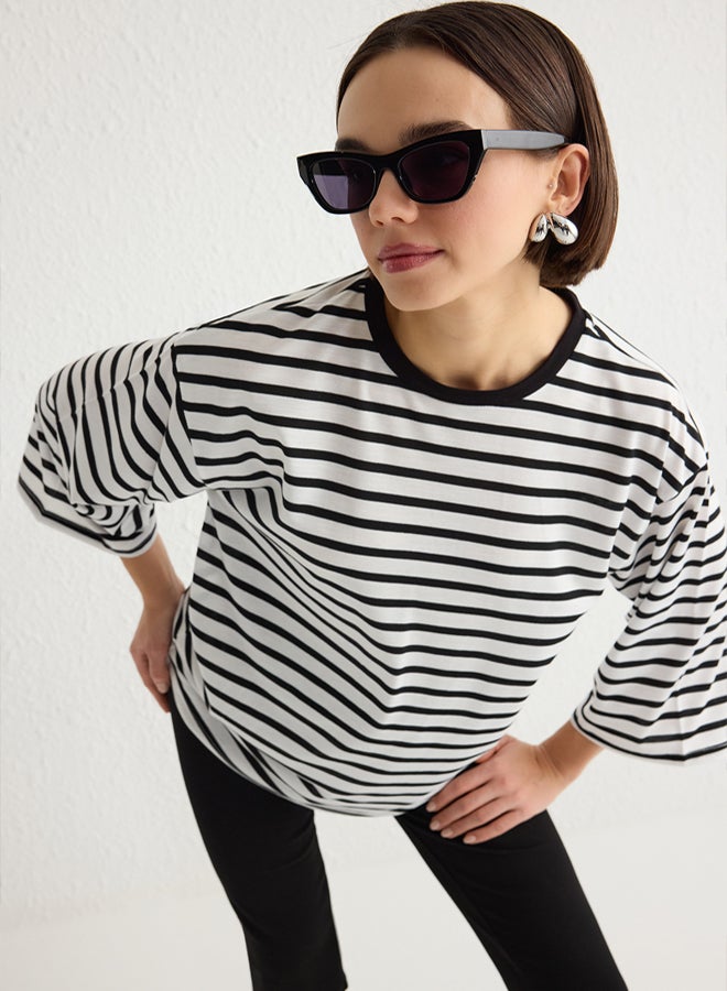 trendyol Striped Relaxed/Comfortable Fit Three Quarter Sleeve Knitted T-shirt - Image 1