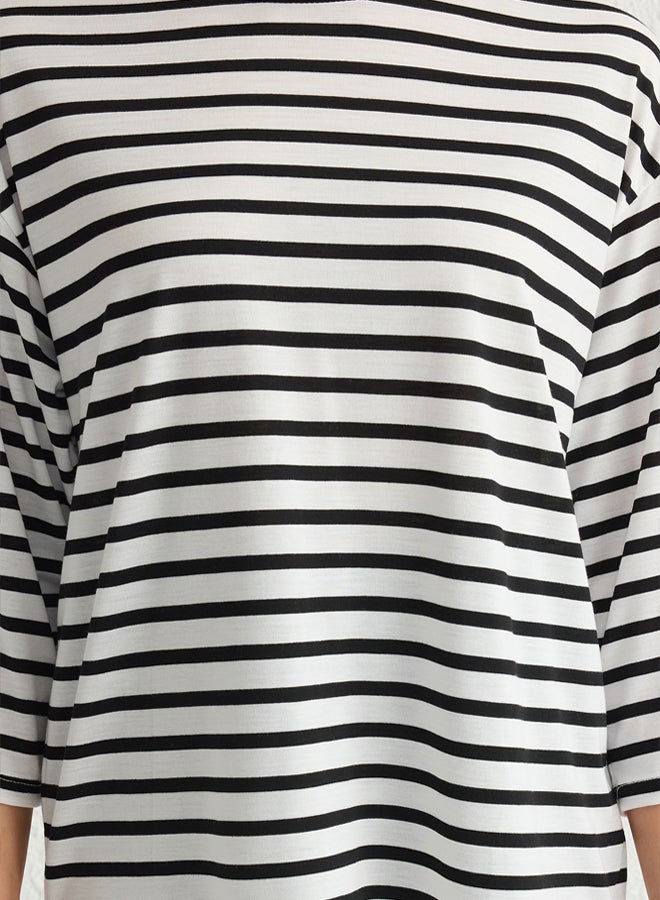 trendyol Striped Relaxed/Comfortable Fit Three Quarter Sleeve Knitted T-shirt - Image 4