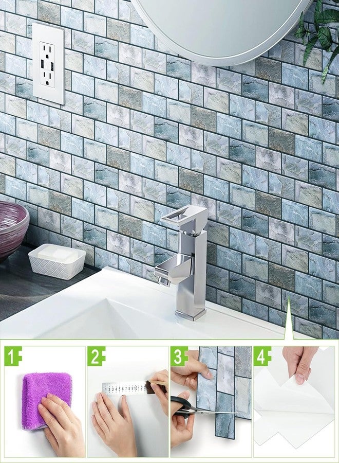 فانكور VANCORE Peel and Stick Backsplash للمطبخ: بلاط جدران ذاتي اللصق للحمام - 3D Subway Back Splash - 10 ورقات من الفينيل الأزرق المقاوم للماء مع نسيج رخام حقيقي للاستحمام - Image 3