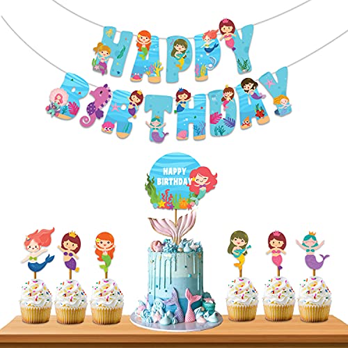 Festiko® Mermaid Theme Happybirthday Theme Party Decoration Combo (8 Pcs), Mermaid Themes Party Favors for Kids Birthday Decoration(Banner/Bunting, Cake Toppers,Cup Cake Topper,Ribbons) - Image 1