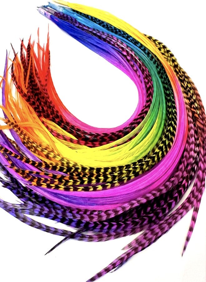 Feather Headz 21 Rainbow Tie Dye Color Hair Extensions - 9”-14” Long - DIY Rooster Kit with 20 Micro-Link Beads - 100% Real Feathers - Eye-Catching Boho Style - Image 1