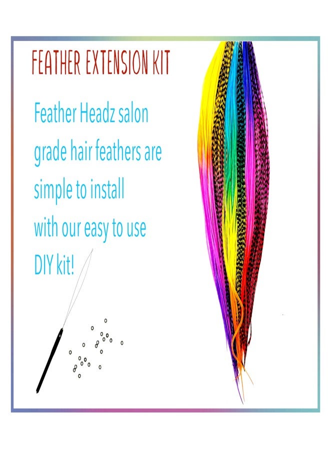 Feather Headz 21 Rainbow Tie Dye Color Hair Extensions - 9”-14” Long - DIY Rooster Kit with 20 Micro-Link Beads - 100% Real Feathers - Eye-Catching Boho Style - Image 3
