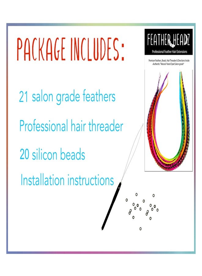 Feather Headz 21 Rainbow Tie Dye Color Hair Extensions - 9”-14” Long - DIY Rooster Kit with 20 Micro-Link Beads - 100% Real Feathers - Eye-Catching Boho Style - Image 2