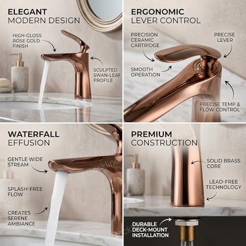 B Backline Brass Bathroom Sink Wash Basin Mixer Tap Single Handle Hot & Cold Waterfall Lavatory Sink Faucet for Living Room & Bathroom (Rosegold Short Body 1) - Image 2