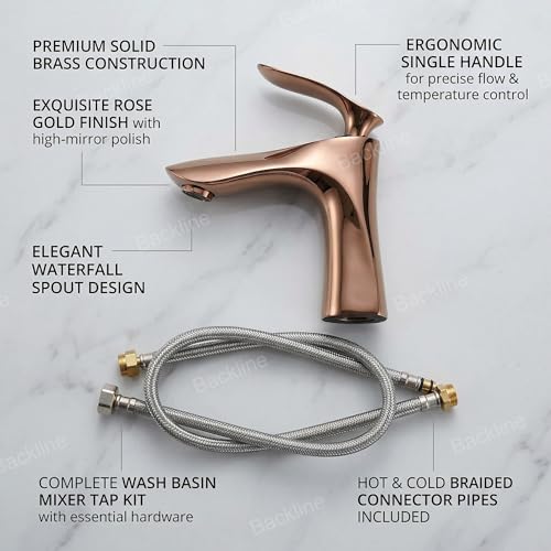 B Backline Brass Bathroom Sink Wash Basin Mixer Tap Single Handle Hot & Cold Waterfall Lavatory Sink Faucet for Living Room & Bathroom (Rosegold Short Body 1) - Image 3