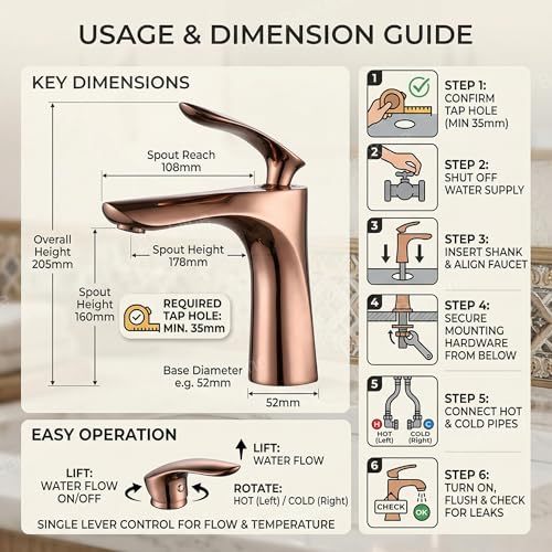 B Backline Brass Bathroom Sink Wash Basin Mixer Tap Single Handle Hot & Cold Waterfall Lavatory Sink Faucet for Living Room & Bathroom (Rosegold Short Body 1) - Image 4