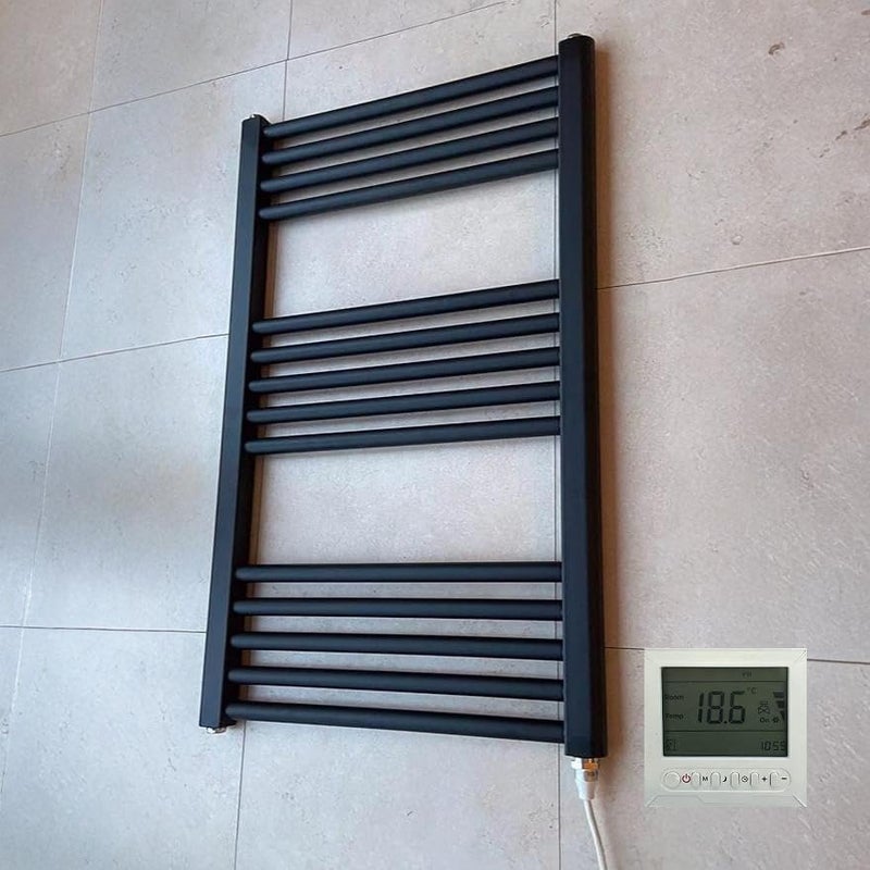 Greened House 400w x 800h Black Electric Straight Heated Bathroom Towel Rail  Timer and Room Thermostat