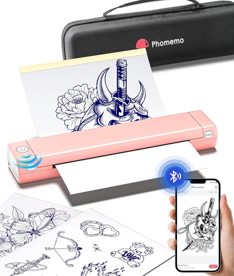 phomemo Phomemo M08F Bluetooth Tattoo Stencil Printer with Storage Case & 10pcs Tattoo Transfer Paper, Thermal Transfer Printer Machine for Artists & Beginners, Compatible with Tablet, Phone & Computer 