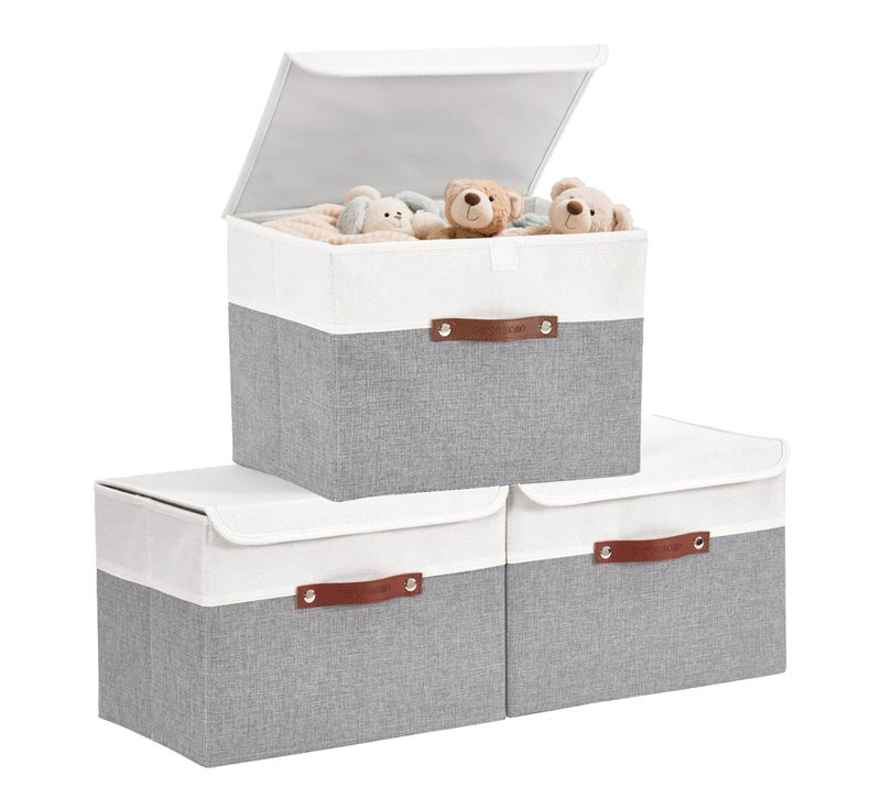 DECOMOMO Fabric Storage Bins with Lid, Storage Baskets for Shelves (Grey and White, 3 Pack) - Image 1