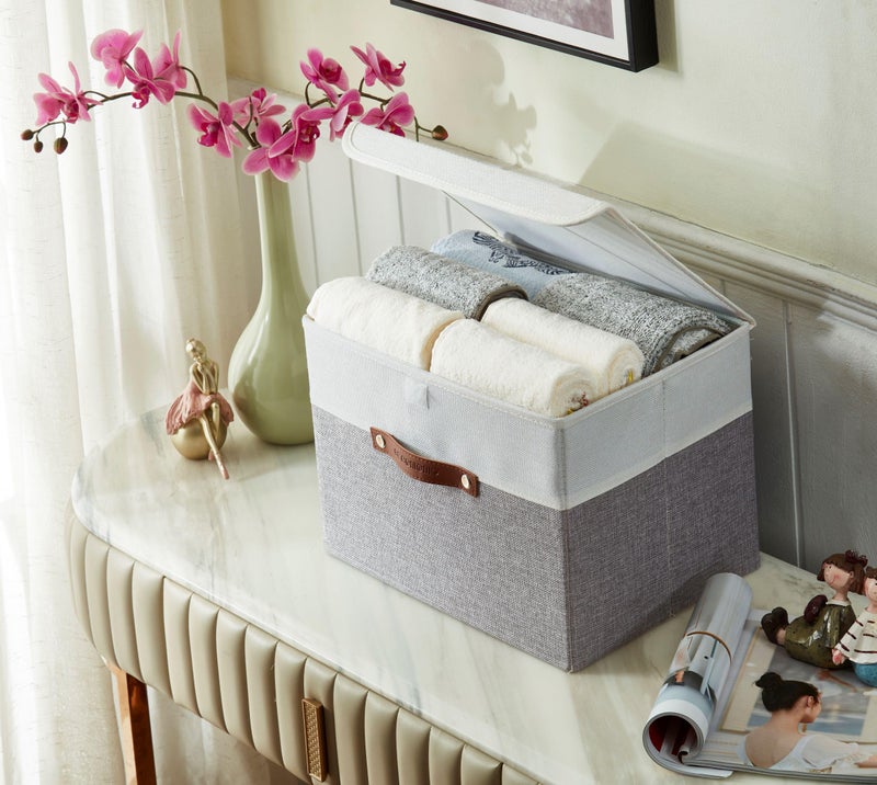 DECOMOMO Fabric Storage Bins with Lid, Storage Baskets for Shelves (Grey and White, 3 Pack) - Image 3