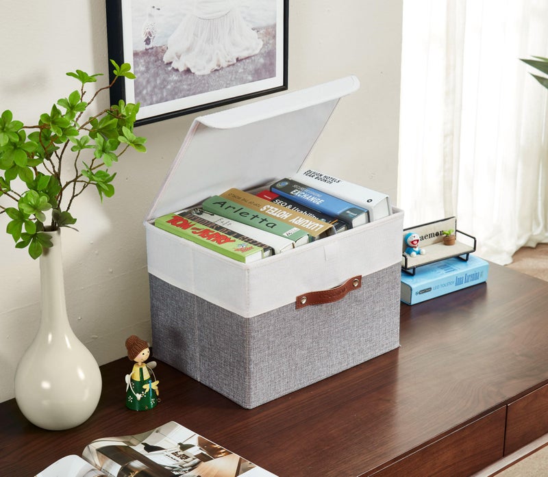 DECOMOMO Fabric Storage Bins with Lid, Storage Baskets for Shelves (Grey and White, 3 Pack) - Image 2