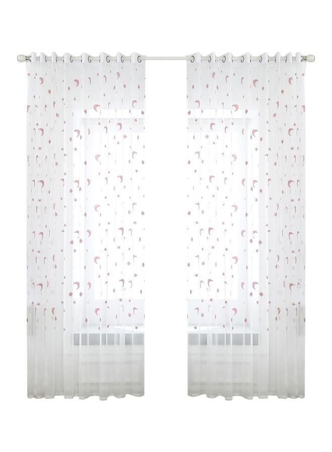 NIBEMINENT 2-Piece Star And Moon Embroidered Sheer Window Curtain Set White/Pink 98x39inch - Image 1