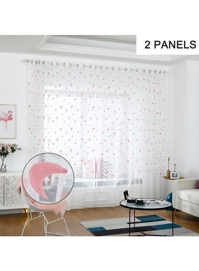 NIBEMINENT 2-Piece Star And Moon Embroidered Sheer Window Curtain Set White/Pink 98x39inch - Image 4