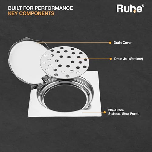 Ruhe® Gemini Square Floor Drainer | 304 Grade Stainless Steel Square Gemini Floor Drain | (5x5 inches) | (Pack of 1) - Image 5