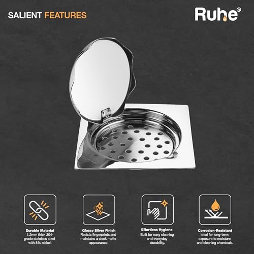 Ruhe® Gemini Square Floor Drainer | 304 Grade Stainless Steel Square Gemini Floor Drain | (5x5 inches) | (Pack of 1) - Image 4