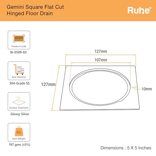 Ruhe® Gemini Square Floor Drainer | 304 Grade Stainless Steel Square Gemini Floor Drain | (5x5 inches) | (Pack of 1) - Image 2
