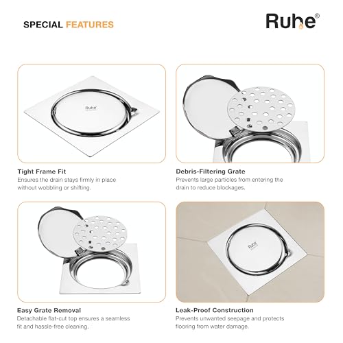 Ruhe® Gemini Square Floor Drainer | 304 Grade Stainless Steel Square Gemini Floor Drain | (5x5 inches) | (Pack of 1) - Image 3