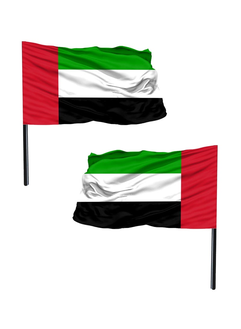 Souvenir Souq 2 pcs Premium UAE flag With stick (60x90 cm) made from shiny satin fabric with vibrant colors and a smooth finish, mounted on a sturdy stick for easy display and waving. Suitable for indoor and outdoor use—perfect for shopping malls, gardens, villas, buildings, apartments, National Day events, and celebrations. - Image 1