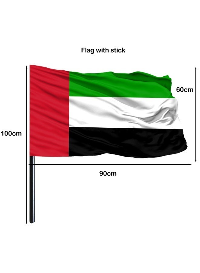 Souvenir Souq 2 pcs Premium UAE flag With stick (60x90 cm) made from shiny satin fabric with vibrant colors and a smooth finish, mounted on a sturdy stick for easy display and waving. Suitable for indoor and outdoor use—perfect for shopping malls, gardens, villas, buildings, apartments, National Day events, and celebrations. - Image 3