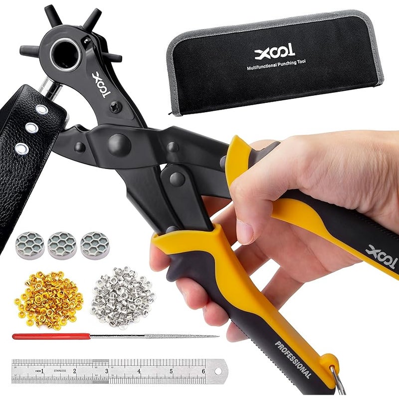 XOOL 2 in 1 Leather Hole Punch Eyelet Tool Kit, 3/16 4.5mm Metal Eyelets for Fabric, Leather, Clothes, Shoes, Belts - Image 1