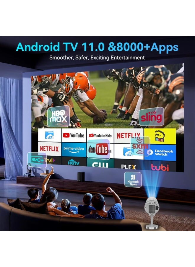 Android 11.0 Smart Mini Projector, Upgraded Version 1080P 4K Full HD Portable Projector with WiFi 6 & BT5.2, 90° Retractable Stand, Auto Keystone for Phone/TV Perfect for Home Theaters, Classrooms, Offices, or Backyard Movie Nights