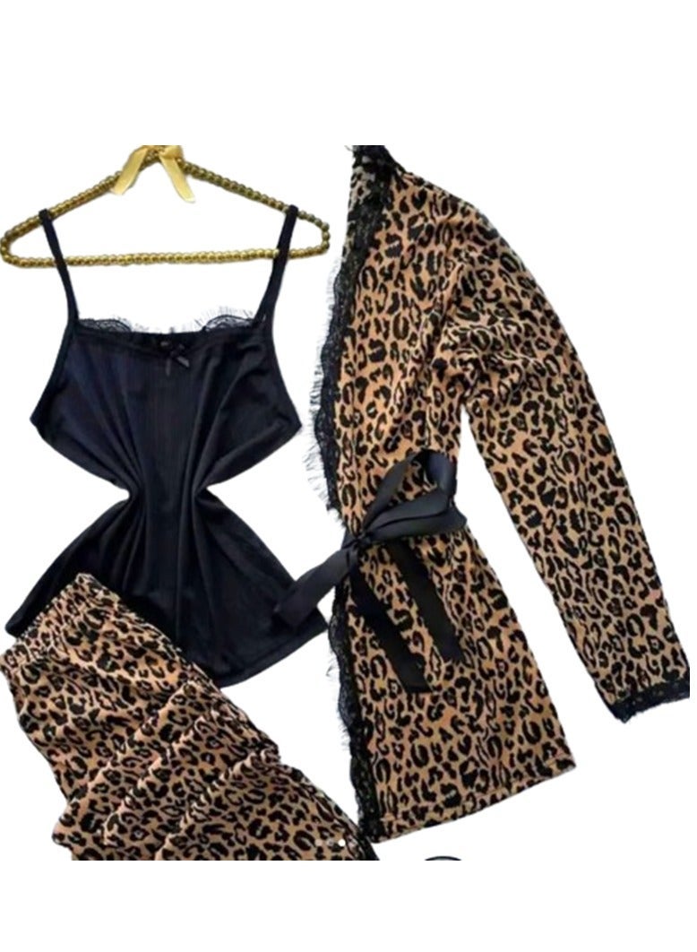 Women's 4 Pieces Satin Pajama Set with Lace Trim and Leopard Print Robe, Sleeveless Cami Top, Long Pants and Waist Belt, Soft Breathable Nightwear and Loungewear, Free Size Up to 60 KG - Image 2