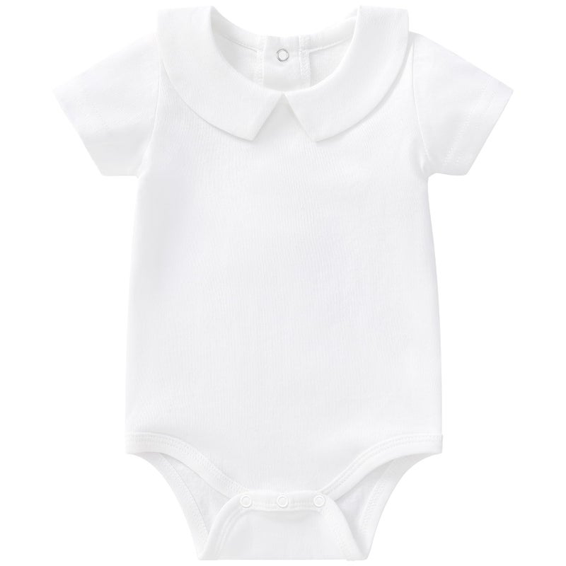 pureborn Baby Boys Girls Bodysuits Unisex Short Sleeve Peter Pan Collar Summer Cotton Romper White 3-6 Months - Image 1