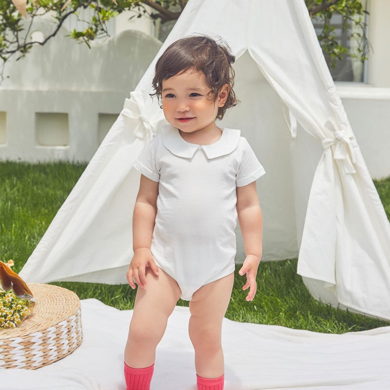 pureborn Baby Boys Girls Bodysuits Unisex Short Sleeve Peter Pan Collar Summer Cotton Romper White 3-6 Months - Image 3