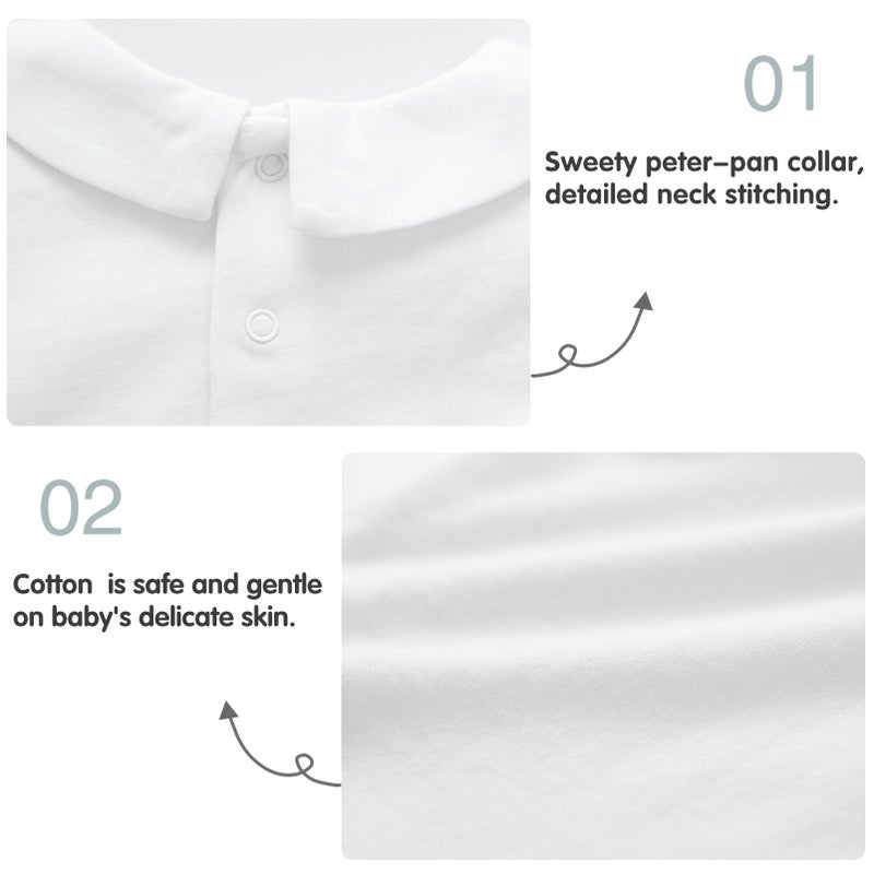 pureborn Baby Boys Girls Bodysuits Unisex Short Sleeve Peter Pan Collar Summer Cotton Romper White 3-6 Months - Image 4