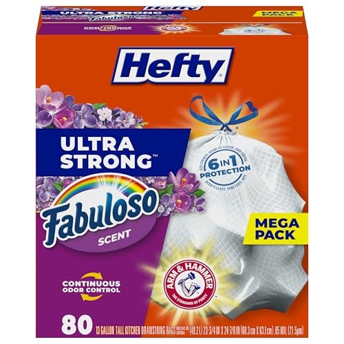 Hefty Ultra Strong 13 Gallon Trash Bags, Tall Kitchen Trash Bags 13 Gallon Size, Resist Leaks, Punctures, and Rips, Continuous Odor Control, White, Fabuloso Scent, 80 Bags - Image 1