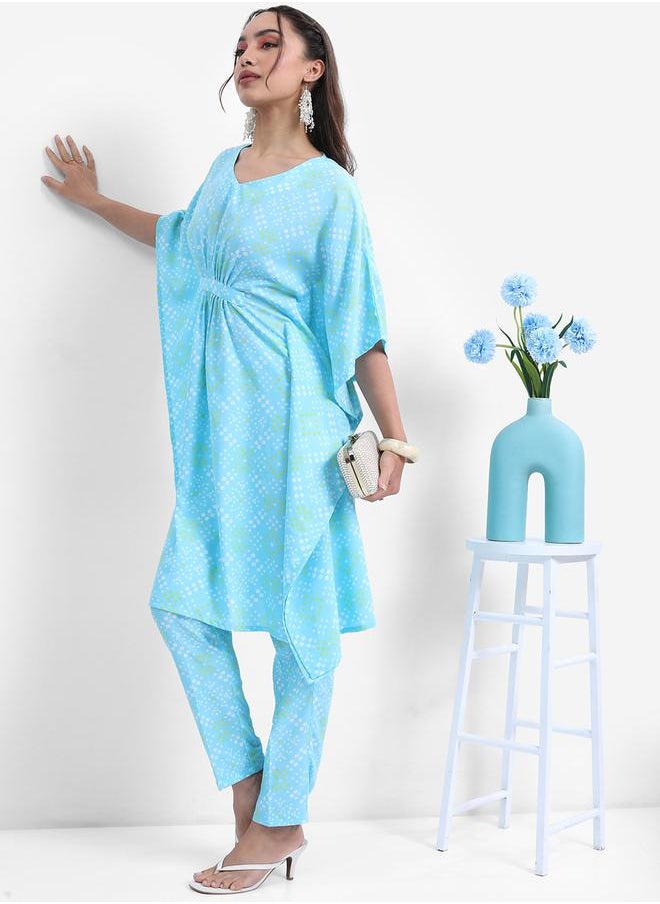 Vishudh Women Blue Printed Kaftan Set with Trousers by Styli  - Image 4