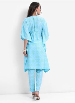 Vishudh Women Blue Printed Kaftan Set with Trousers  - Image 3