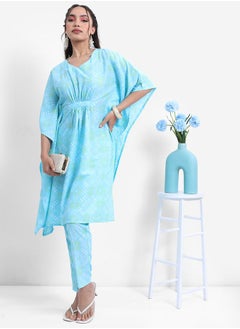 Vishudh Women Blue Printed Kaftan Set with Trousers  - Image 1