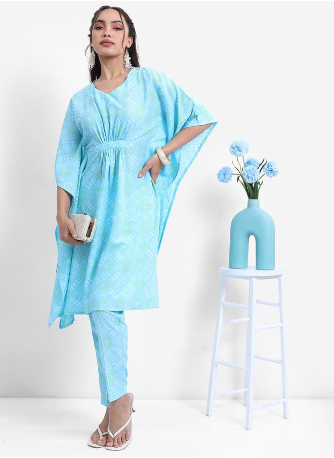 Vishudh Women Blue Printed Kaftan Set with Trousers by Styli  - Image 1