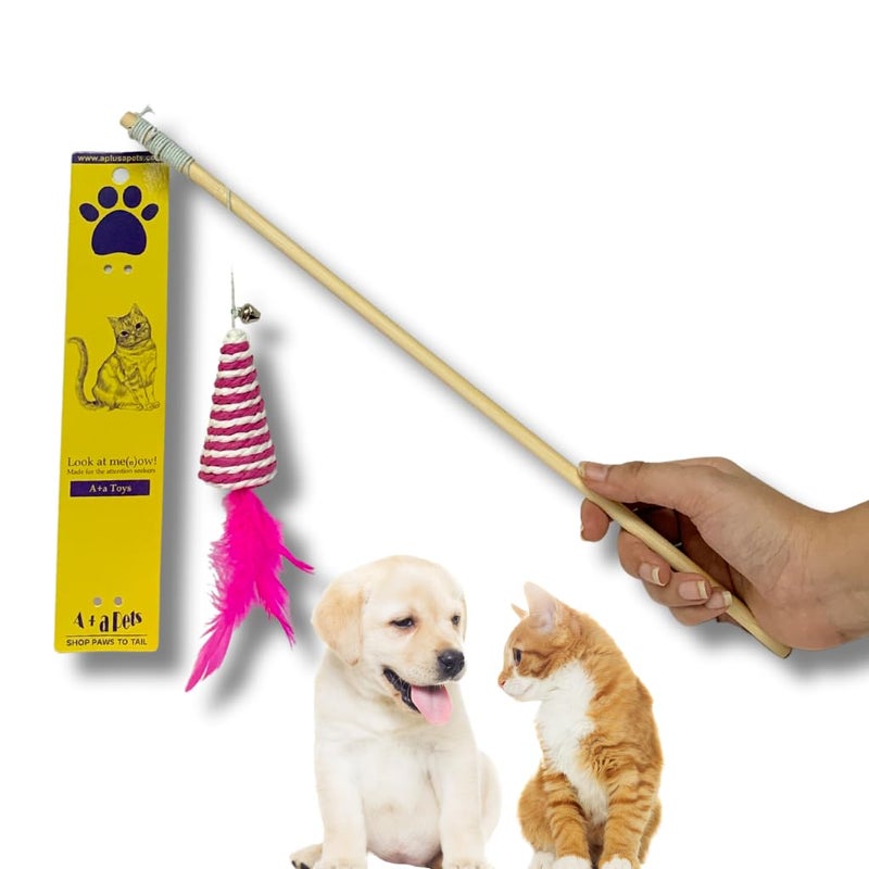 A+a Pets ' Cat Wand Teaser Interactive Toy with Retractable Feather Cone Play Toy for Cats, Puppies, and Small Animals (Orange | Pink | Blue | Green) - Image 1