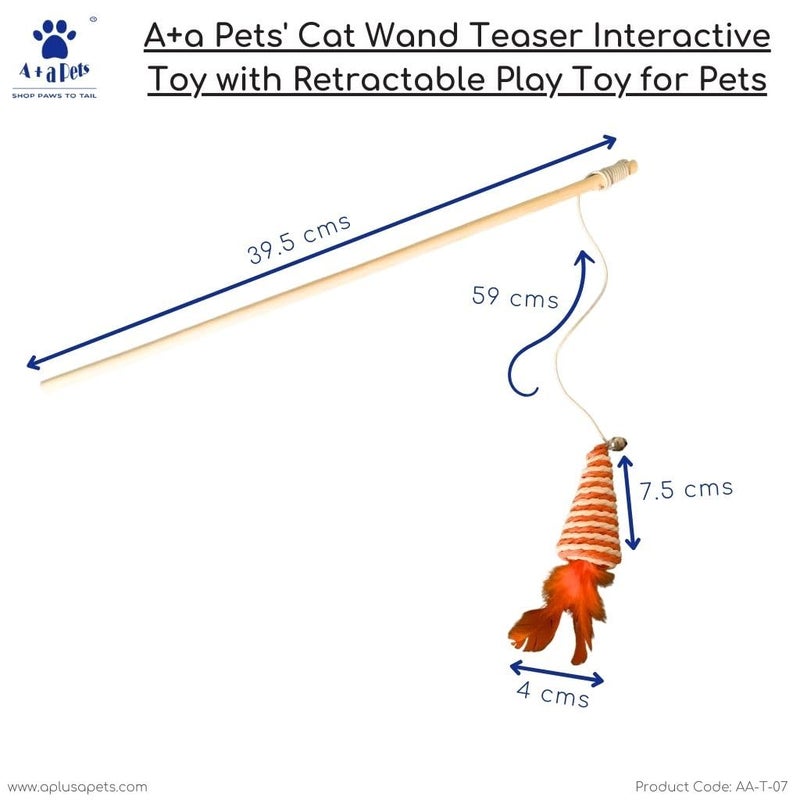 A+a Pets ' Cat Wand Teaser Interactive Toy with Retractable Feather Cone Play Toy for Cats, Puppies, and Small Animals (Orange | Pink | Blue | Green) - Image 3