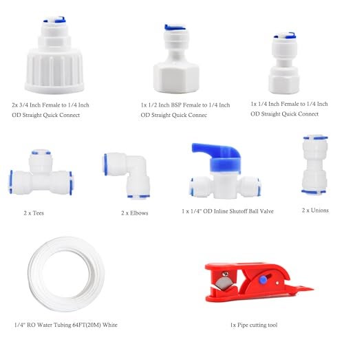 iRuiZhe 1/4"OD Straight Quick to 3/4"/ 1/2"/ 1/4" Female Connect Push in to Connect Water Tube Fitting 9pcs+1/4 inch RO Water White Tubing, 20M(64FT) - Image 2