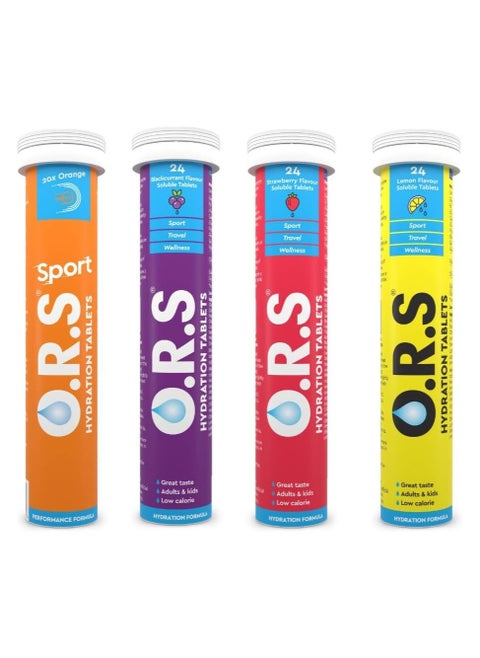 O.R.S Hydration Tablets With Electrolytes, Lemon, Blackcurrant, Strawberry and Orange (Pack Of 4)