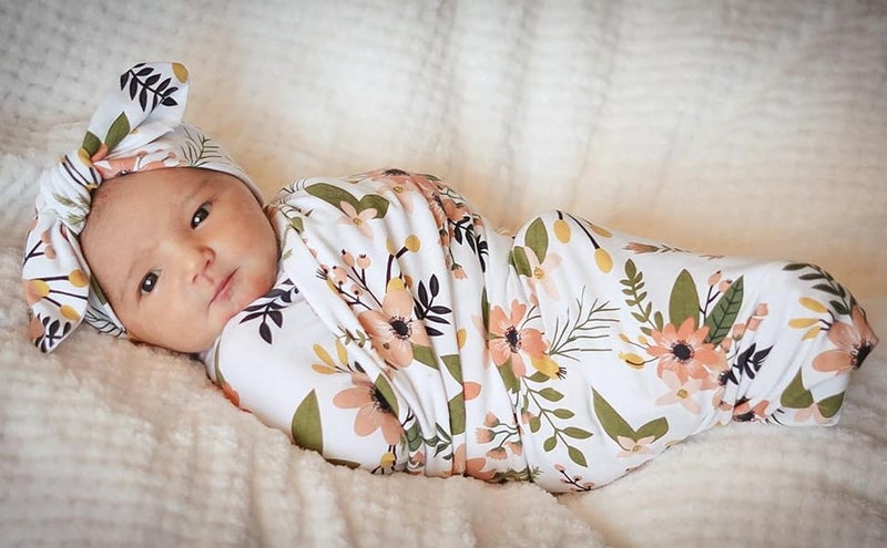 DRESHOW BQUBO 3 Sets Receiving Blanket with Headbands Newborn Baby Floral Printed Baby Shower Swaddle Gift - Image 4